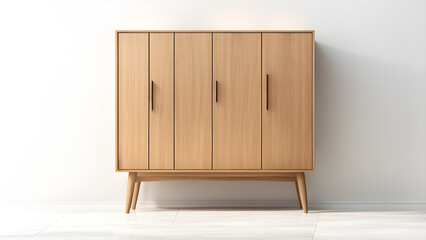 A modern style wooden storage cabinet with a white wall as the background, solving the style, home design, and decoration design - obrazy, fototapety, plakaty