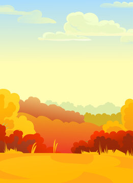 Autumn landscape. Countryside. Fields and vegetable gardens. Funny cartoon style. Picture vector