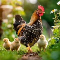 a mother hen walking proudly alongside a group of small chickens as they explore the lush greenery of their natural habitat. The dynamic composition and lifelike expressions of the birds convey a sens - obrazy, fototapety, plakaty