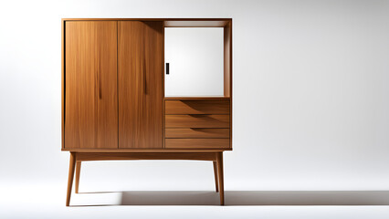 A modern style wooden storage cabinet with a white wall as the background, solving the style, home design, and decoration design