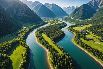 From above aerial view of mountain peaks valley located near calm river - Powered by Adobe