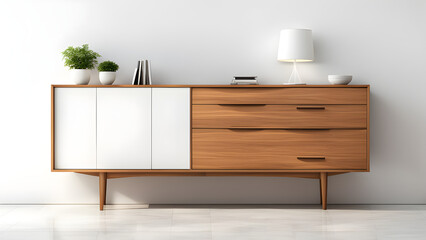 A modern style wooden storage cabinet with a white wall as the background, solving the style, home design, and decoration design