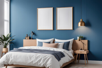 2 frame mockups on wall in bedroom, blank photo frames, minimal modern for wall arts displaying, blue wall background, glowing lamp professional, black border Vertical frame, side angle