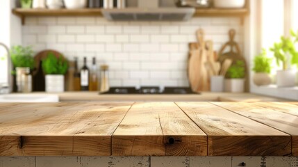 Empty wooden table and blurred background of modern kitchen. Ready for product display montage