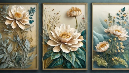 Floral Triptych: 3 Panels Wall Art Featuring Azahar Flower Drawings