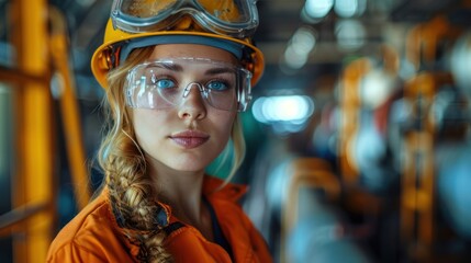 Industrial Safety: Young Woman in Protective Gear Working