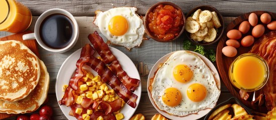 Top view of a wooden surface displaying a complete American breakfast, with fried eggs, bacon, hash browns, pancakes, orange juice, and coffee. - obrazy, fototapety, plakaty