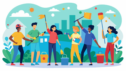 Fototapeta premium With paint brushes and rollers in hand volunteers transformed a drab community center into a vibrant space with colorful murals and fresh coats