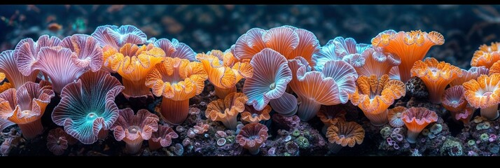 Banner photograph of colorful sea anemones on a coral reef