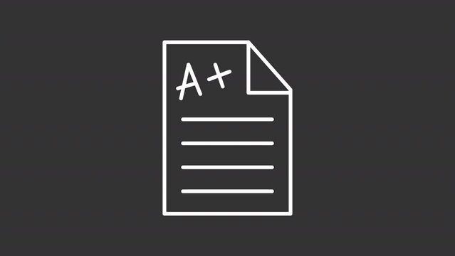 Animated a grade score white icon. School report card line animation. Symbols drawing. Academic results, education. Isolated illustration on dark background. Transition alpha video. Motion graphic