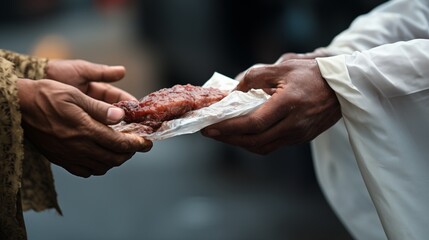 Obraz premium Close-up of a person distributing Eid ul-Adha meat to the homeless