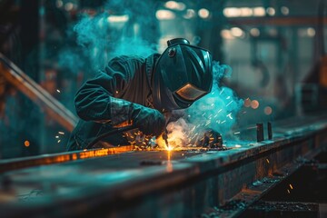 Industrial worker with protective mask welding steel structure in factory. Metalwork manufacturing and construction maintenance service concept