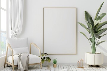 Scandinavian style living room with poster mockup created with generative ai