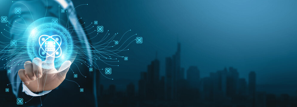 Data science technology, Data scientist touching digital global network of data exchange. Digital insights on seamless connection with businesses. Future of data-driven innovation.