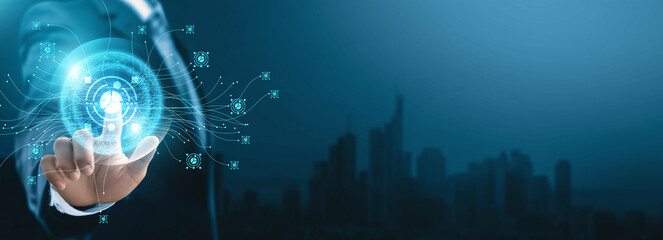 Geographic information systems (GIS) technology, GIS specialist navigating digital global network of spatial data exchange. Digital mapping on interconnected connection with geographical data.