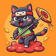 Ninja cat riding a flying pizza slice, wielding a spatula as a weapon