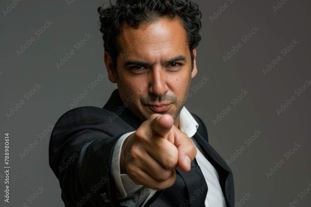 Poster a man in a suit pointing at the camera with his finger. generative ai.