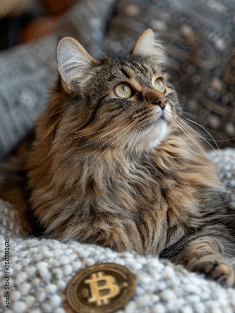 Poster a cat laying on a blanket with an image of bitcoin. generative ai.
