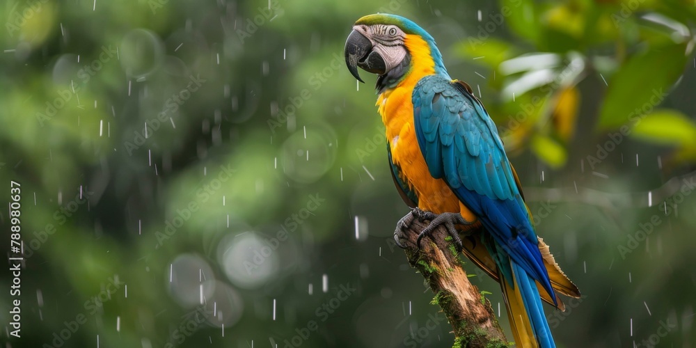 Poster a colorful parrot perched on a branch in the rain. generative ai.