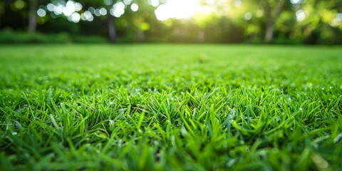 A close up of a green grass field with some trees in the background. Generative AI.