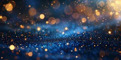 A blue and gold glittery background with lights. Generative AI.