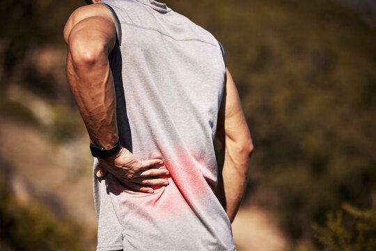 Man, runner and back pain in nature, injury and hurt outdoors on exercise or workout and accident. Male person, inflammation and fibromyalgia or sciatica issue, spine and strain while hiking or walk