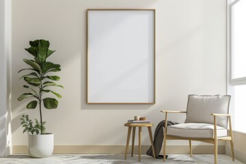 Scandinavian style living room with poster mockup created with generative ai