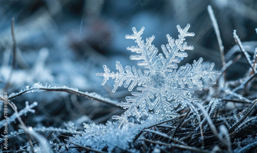 Poster a snowflake is sitting on top of some frosty grass. generative ai.