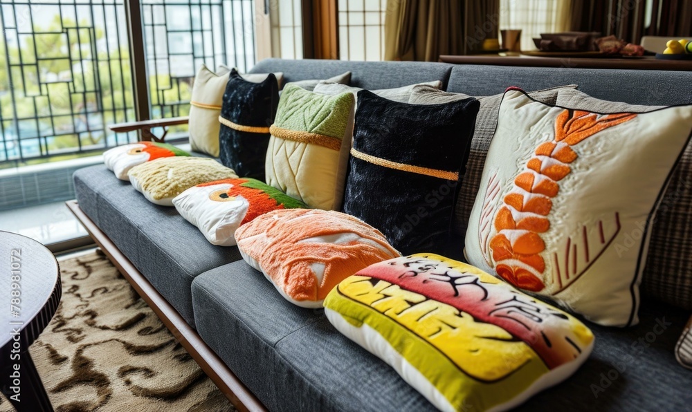 Poster A couch with a variety of pillows on it in front of the window. Generative AI.