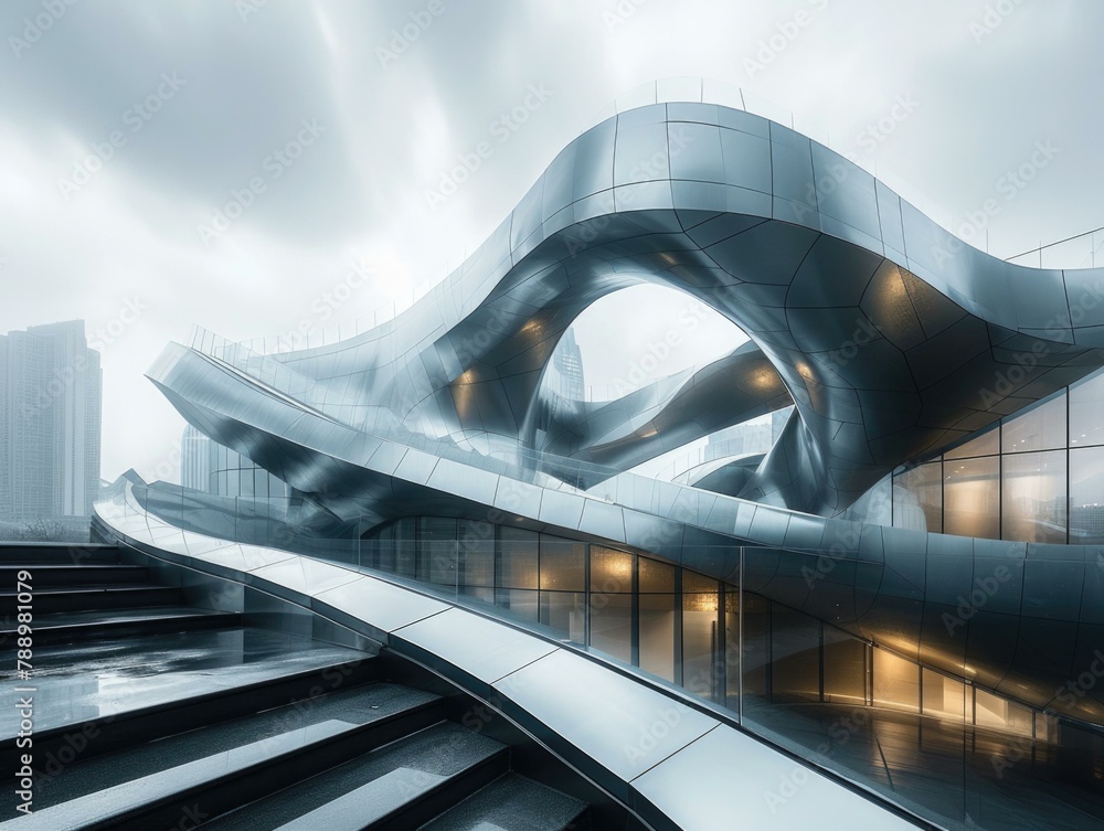 Aufkleber a modern building with curved walls and stairs on a cloudy day. generative ai.