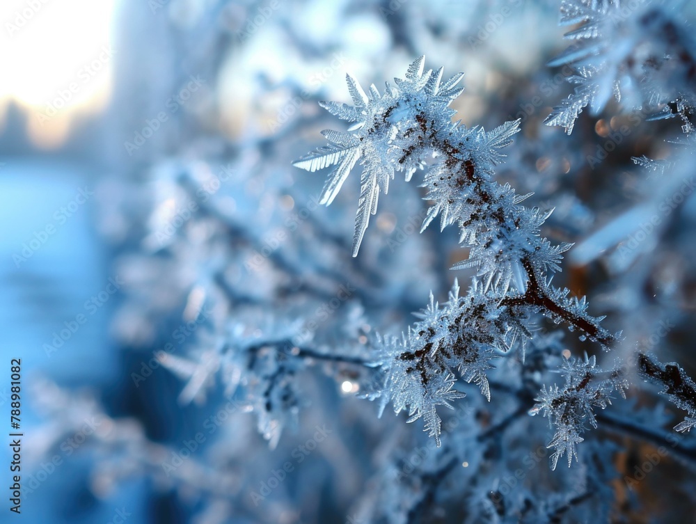 Poster a close up of a frost covered branch with some snow on it. generative ai.