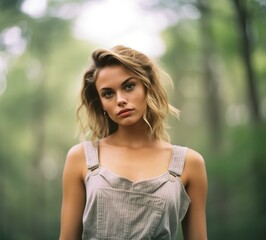 Naklejka premium A woman with a serious look on her face in the woods. Generative AI.