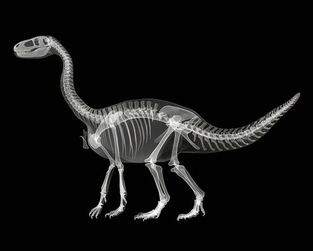 A skeleton of a dinosaur is shown on black background. Generative AI.