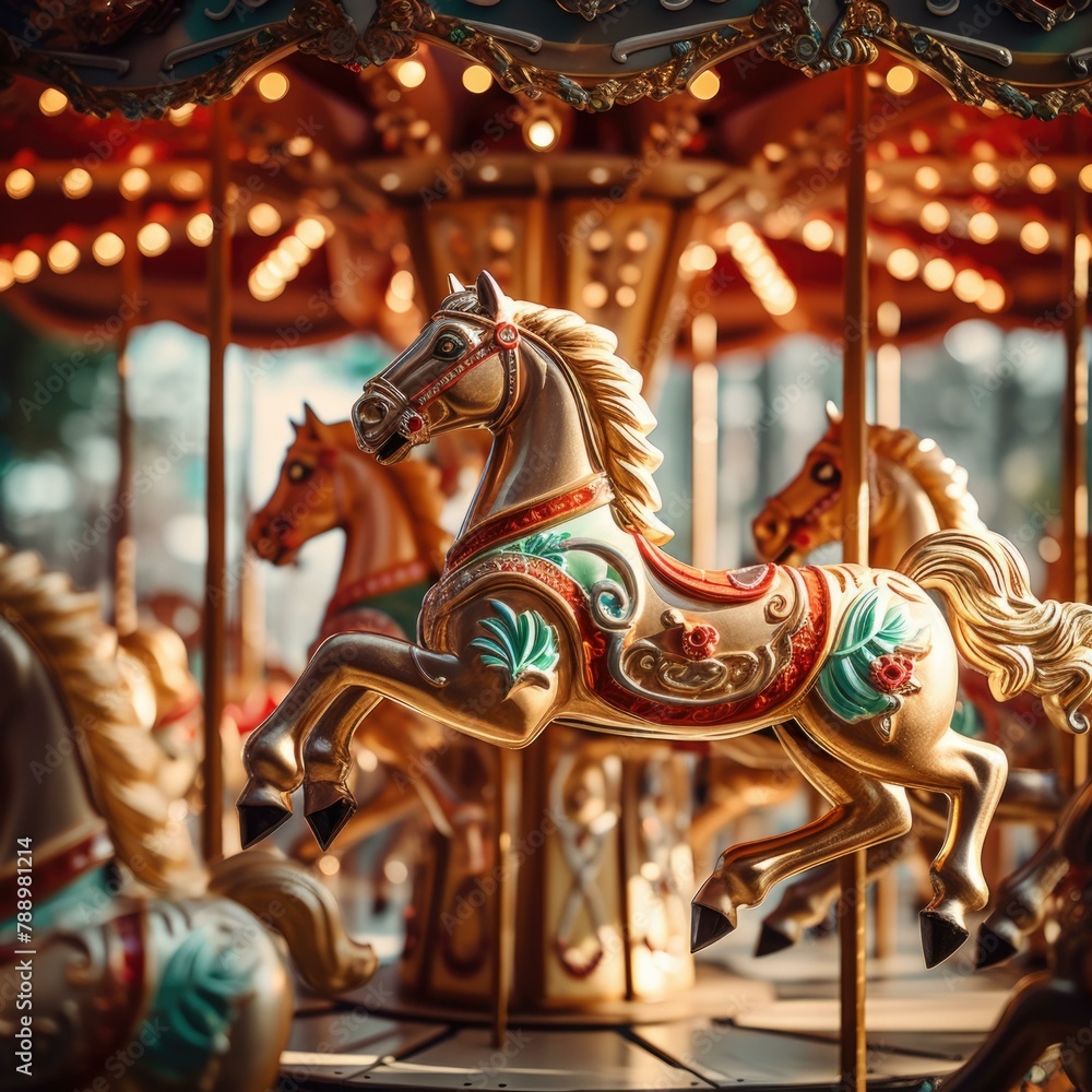 Poster a merry go round with a horse on it and lights. generative ai.
