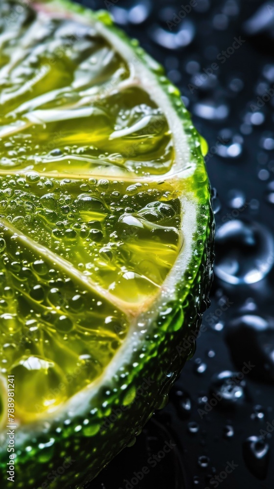 Poster a close up of a lime with water droplets on it. generative ai.