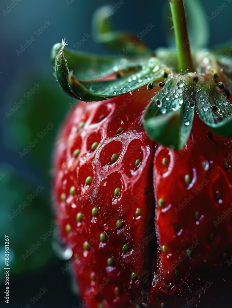 Poster a close up of a strawberry with water droplets on it. generative ai.