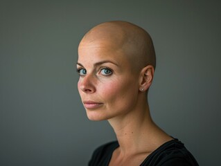 Obraz premium A woman with shaved head posing for a portrait. Generative AI.