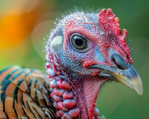 A close up of a turkey with red, blue and green feathers. Generative AI.