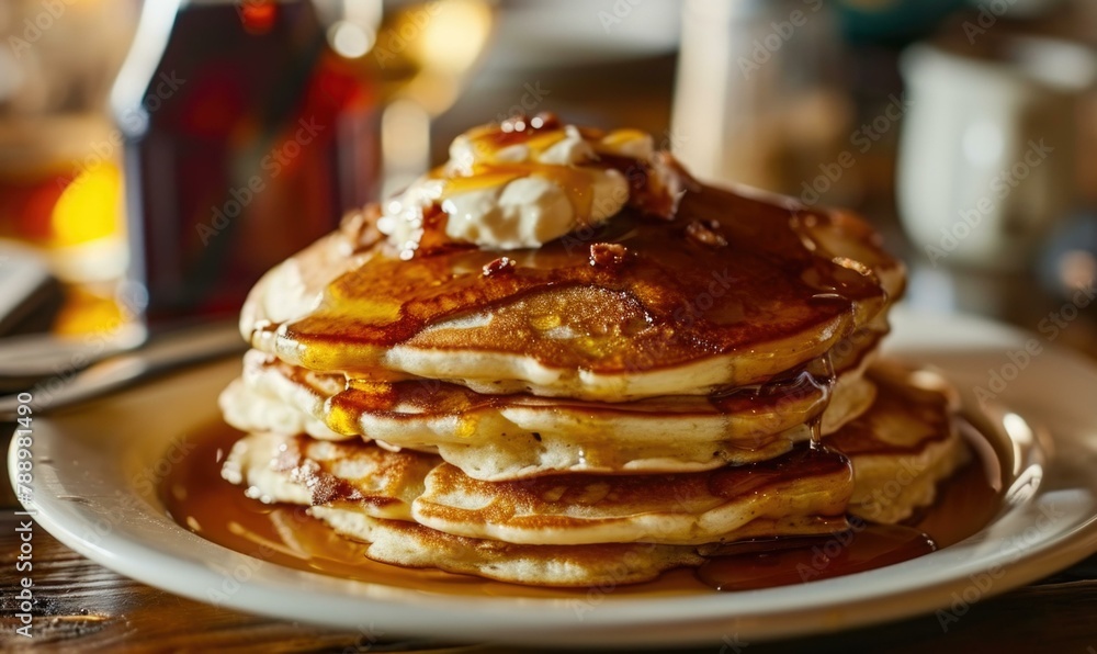 Poster a stack of pancakes on a plate with syrup and butter. generative ai.