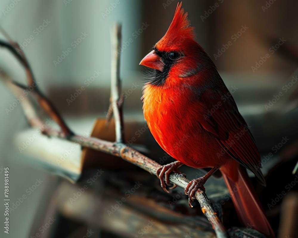 Poster a red cardinal perched on a branch with leaves and twigs. generative ai.