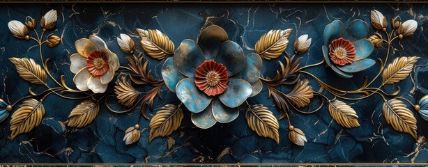 Floral Metal Wall Art on Black Marble Background.