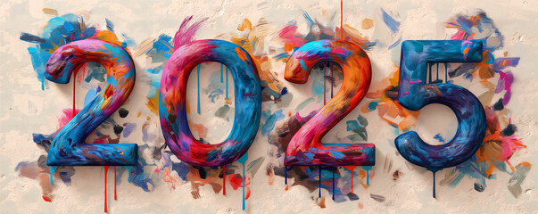 Expressive 2025 New Year graphic with colorful paint strokes, Dynamic textured brushwork New Year's Eve Illustration