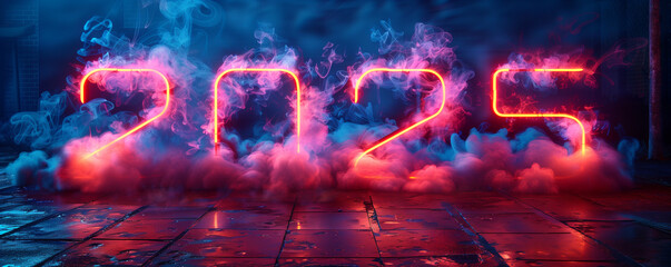 Neon 2025 New Year celebration sign lettering with smoke, Futuristic glowing New Year's Eve numbers in misty ambiance