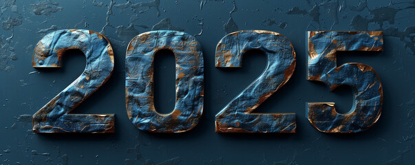 Chiseled cool metal 2025 numerals on textured industrial background, Worn copper and steel New Year textured graphic