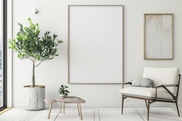 Scandinavian style living room with poster mockup created with generative ai