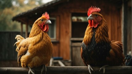 Two chickens are standing on a wooden fence near the house. Generative AI.