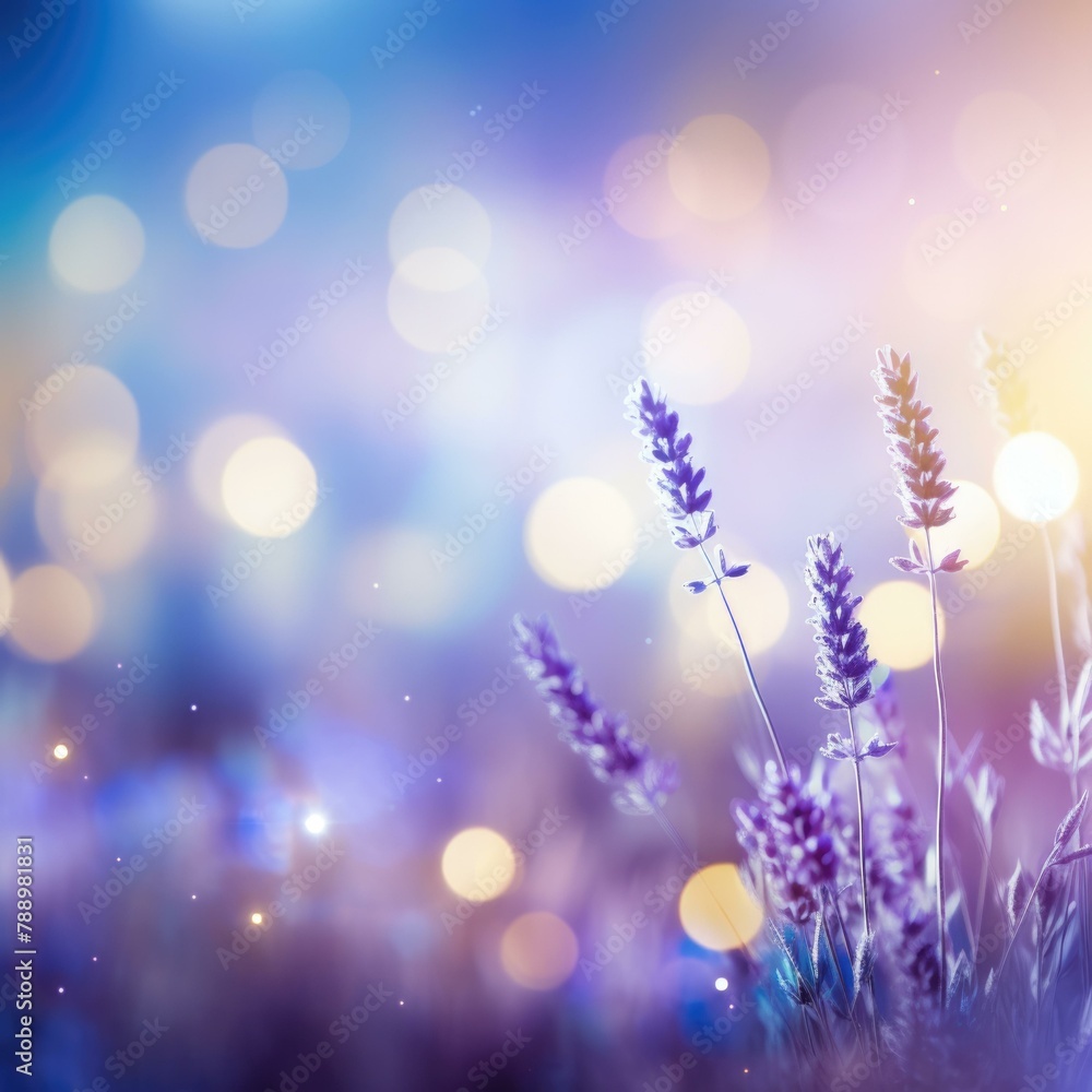 Poster a close up of lavender flowers in a field with bokeh lights. generative ai.