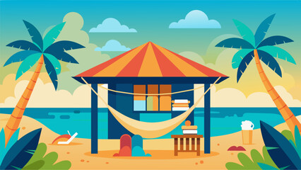 A beachside cabana with shelves of books and a comfortable hammock inviting readers to soak up the sunshine and a good story. - obrazy, fototapety, plakaty