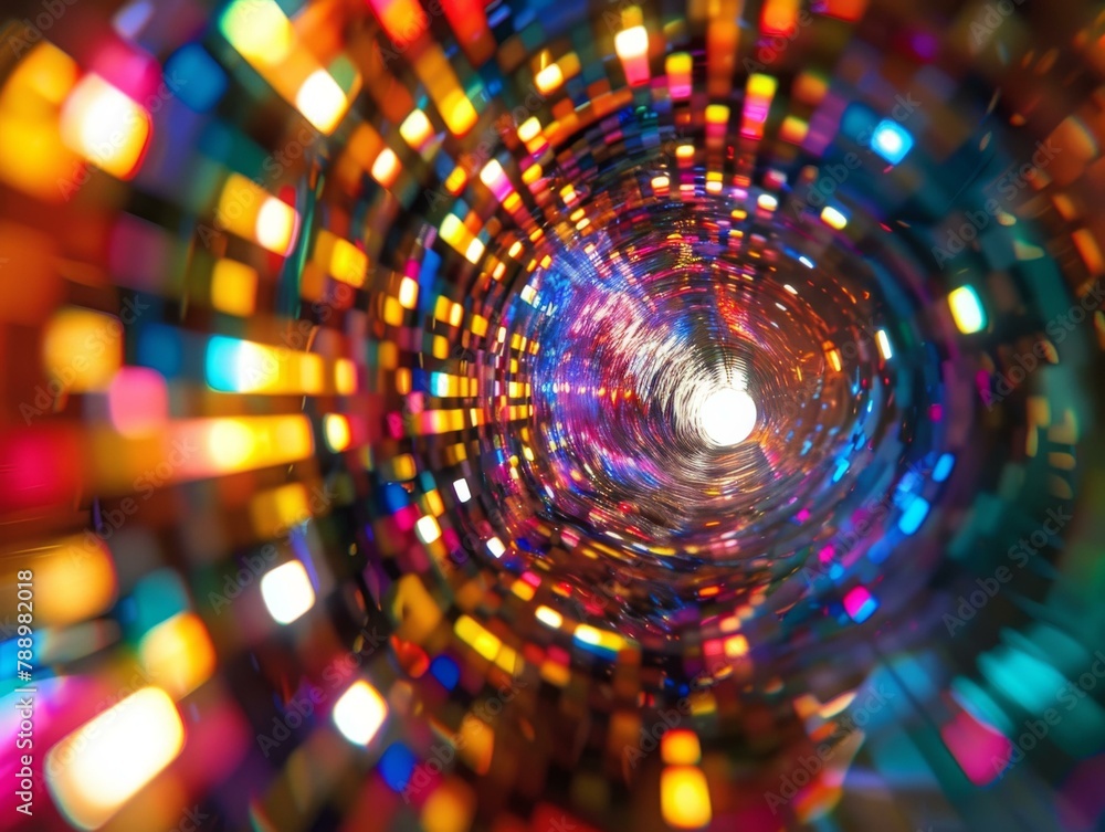 Poster a colorful tunnel with many lights in it. generative ai.