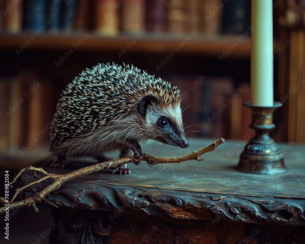 Poster a hedgehog sitting on a branch in front of candle. generative ai.
